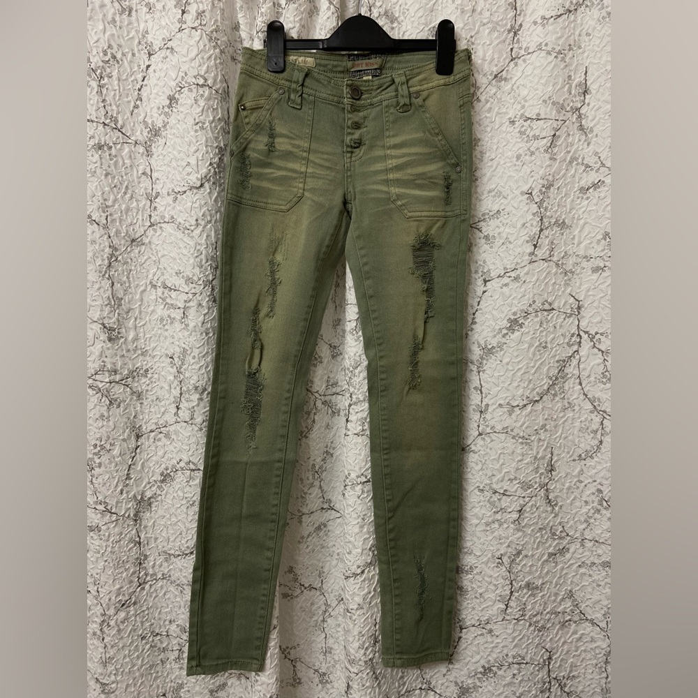 Hot Kiss Olive Green Distressed Button-Fly Jeans Size 0